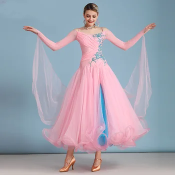Стандартные платья для бальных танцев, Высококачественная Розовая юбка для танцев Фламенко с длинным рукавом, Женское Сценическое бальное платье для Вальса