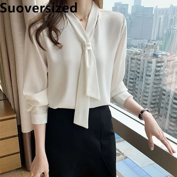 Элегантные классические белые офисные шифоновые рубашки, весна-осень, свободные повседневные топы с длинными рукавами, модные женские блузы с V-образным вырезом и бантом
